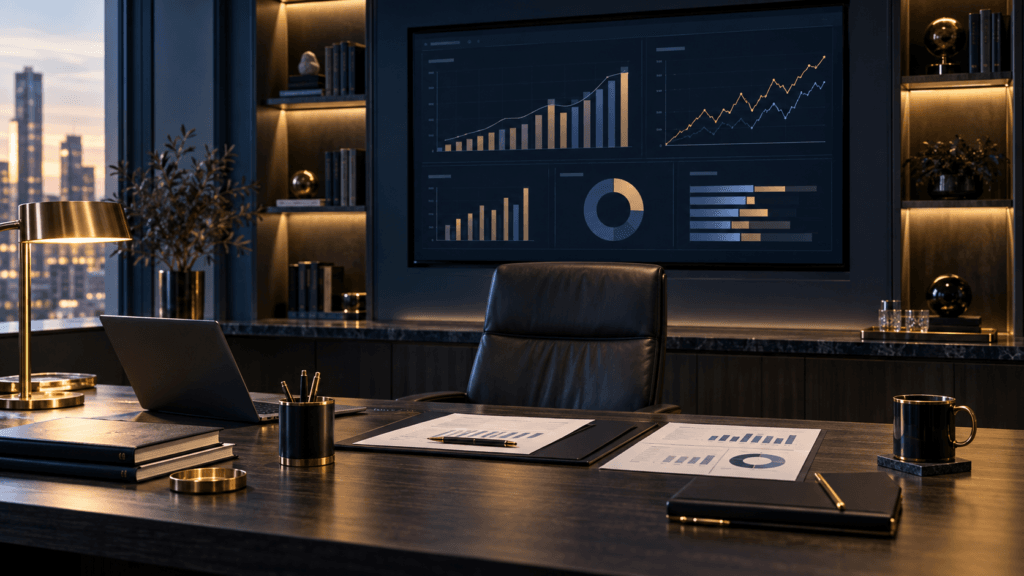 Finance dashboard with charts above a desk with reporting documents