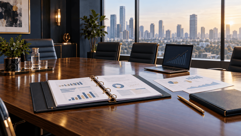 Financial reports and a laptop displaying a forecast on a boardroom table
