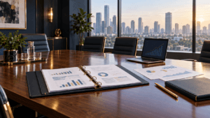 Financial reports and a laptop displaying a forecast on a boardroom table